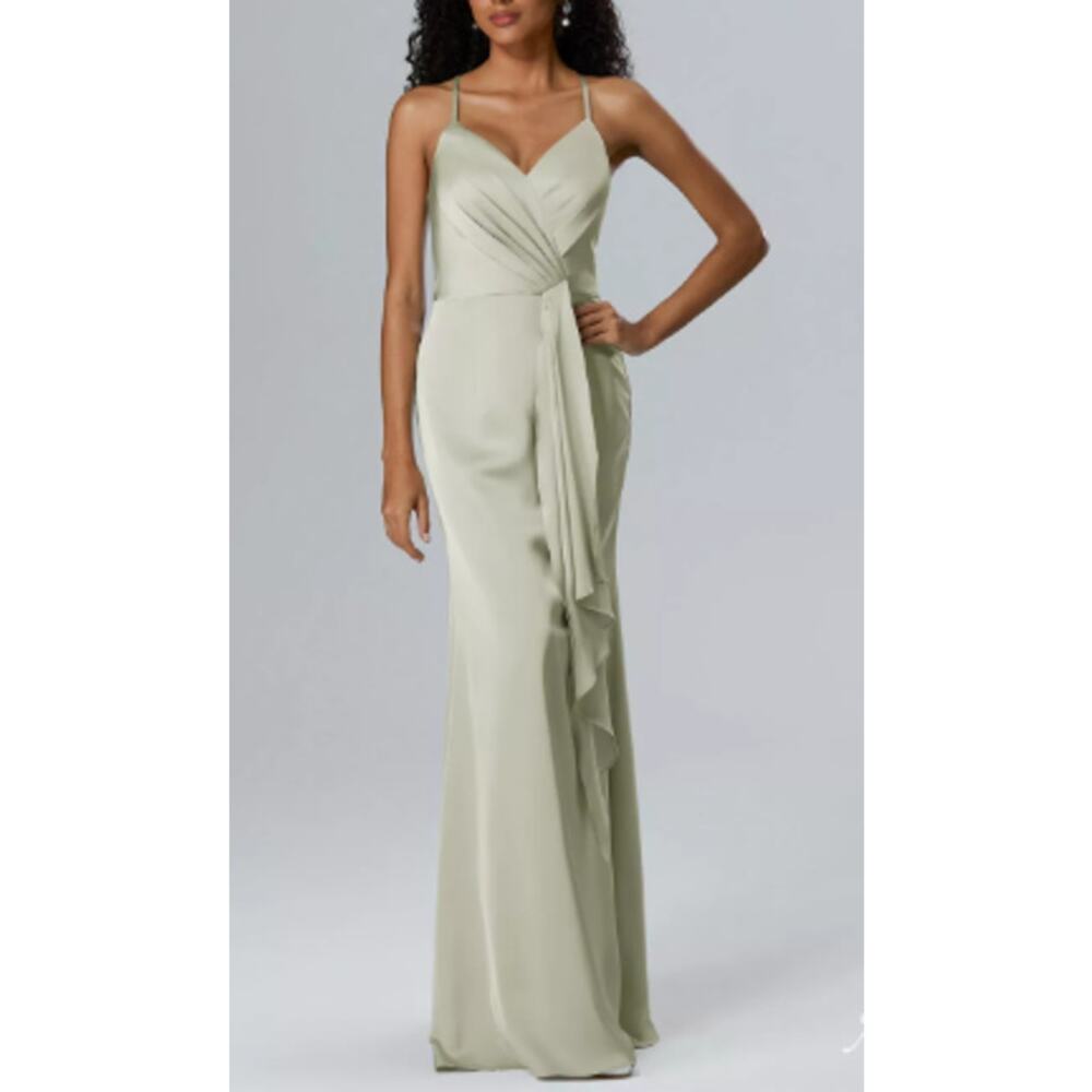 AW BRIDAL 4 S sage green satin Porsche formal party gala maxi dress NEW 0B16